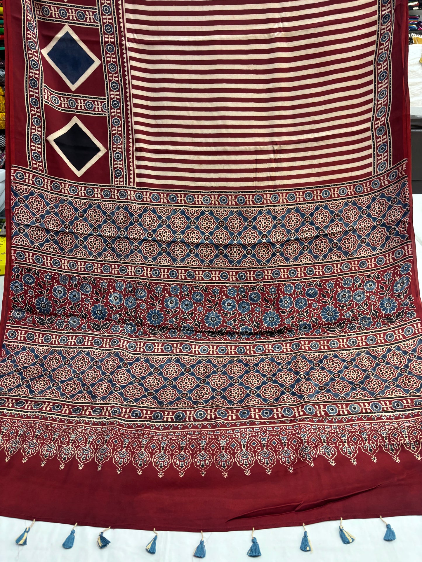 Mehroon Rekha Ajrakh Modal Silk Saree