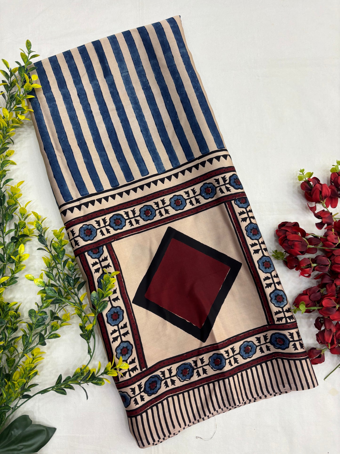 Dusky Neel Rekha Ajrakh Modal Silk Saree