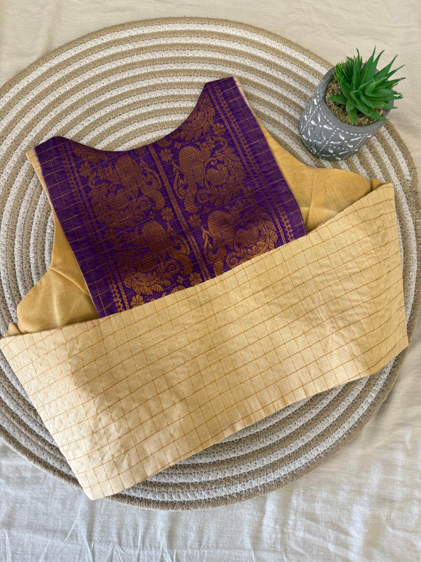 Beige Lavender Sungudi Cotton Racer Back Blouse