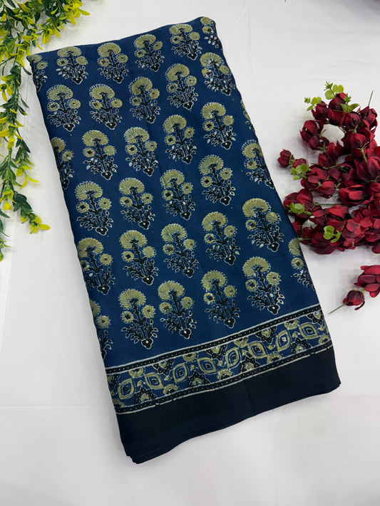 Azure Bloom Ajrakh Modal Silk Saree