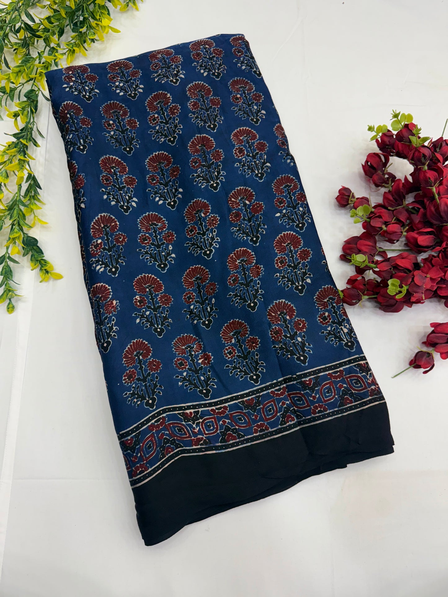 Midnight Bloom Ajrakh Modal Silk Saree