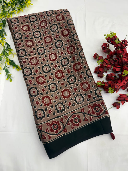 Earthy Chakri Ajrakh Print Modal Silk Saree