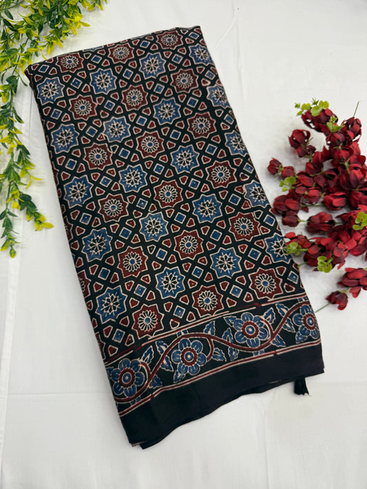 Black Chakri Ajrakh Print Modal Silk Saree