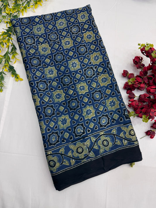 Peacock Chakri Ajrakh Modal Silk Saree