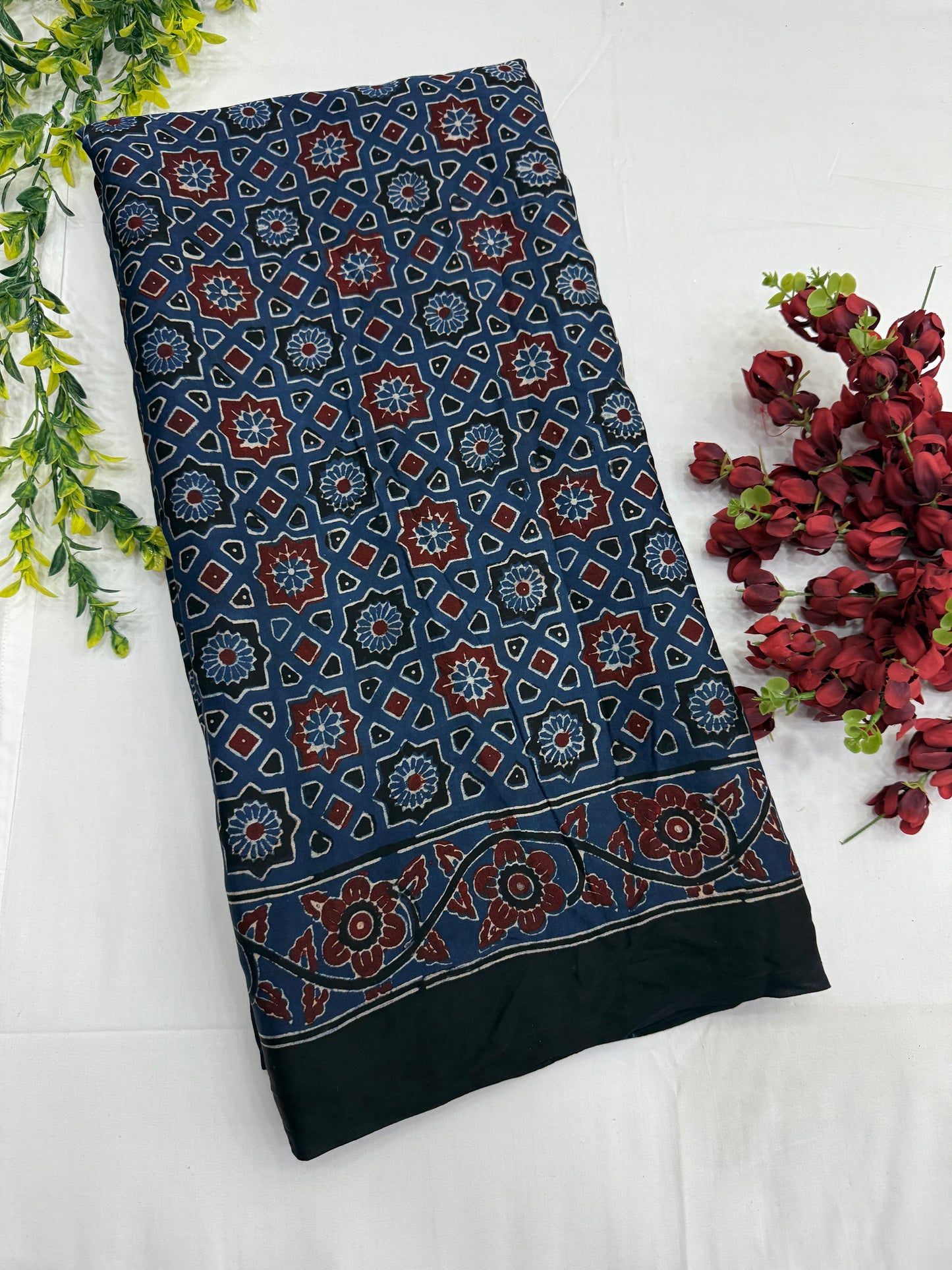 Midnight Chakri Ajrakh Print Modal Silk Saree