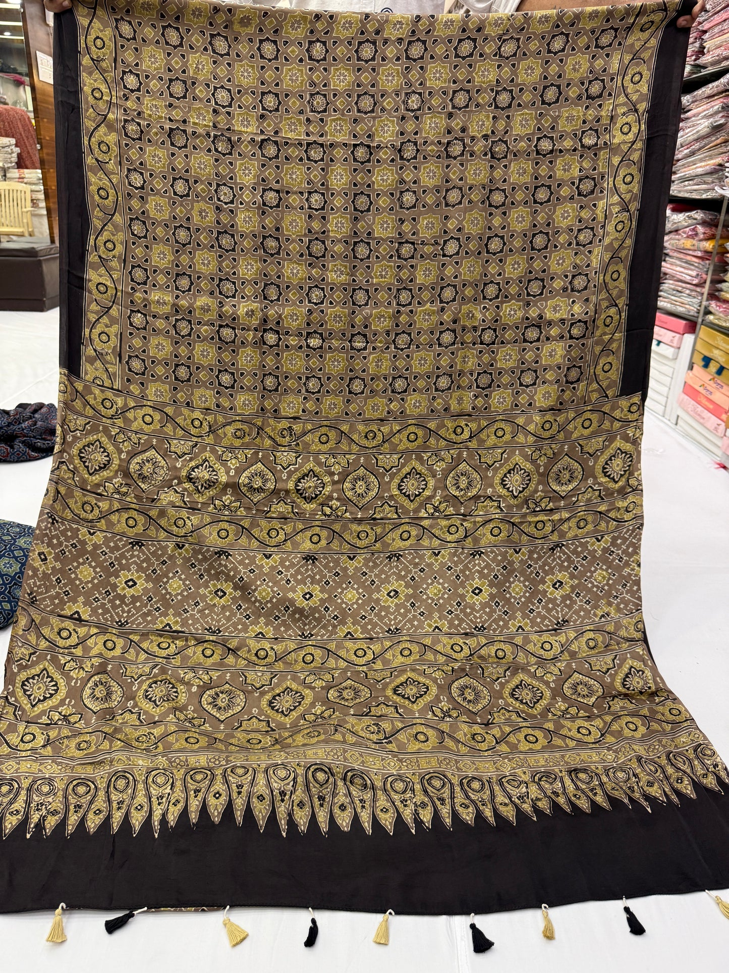 Sunehri Chakri Ajrakh Modal Silk Saree