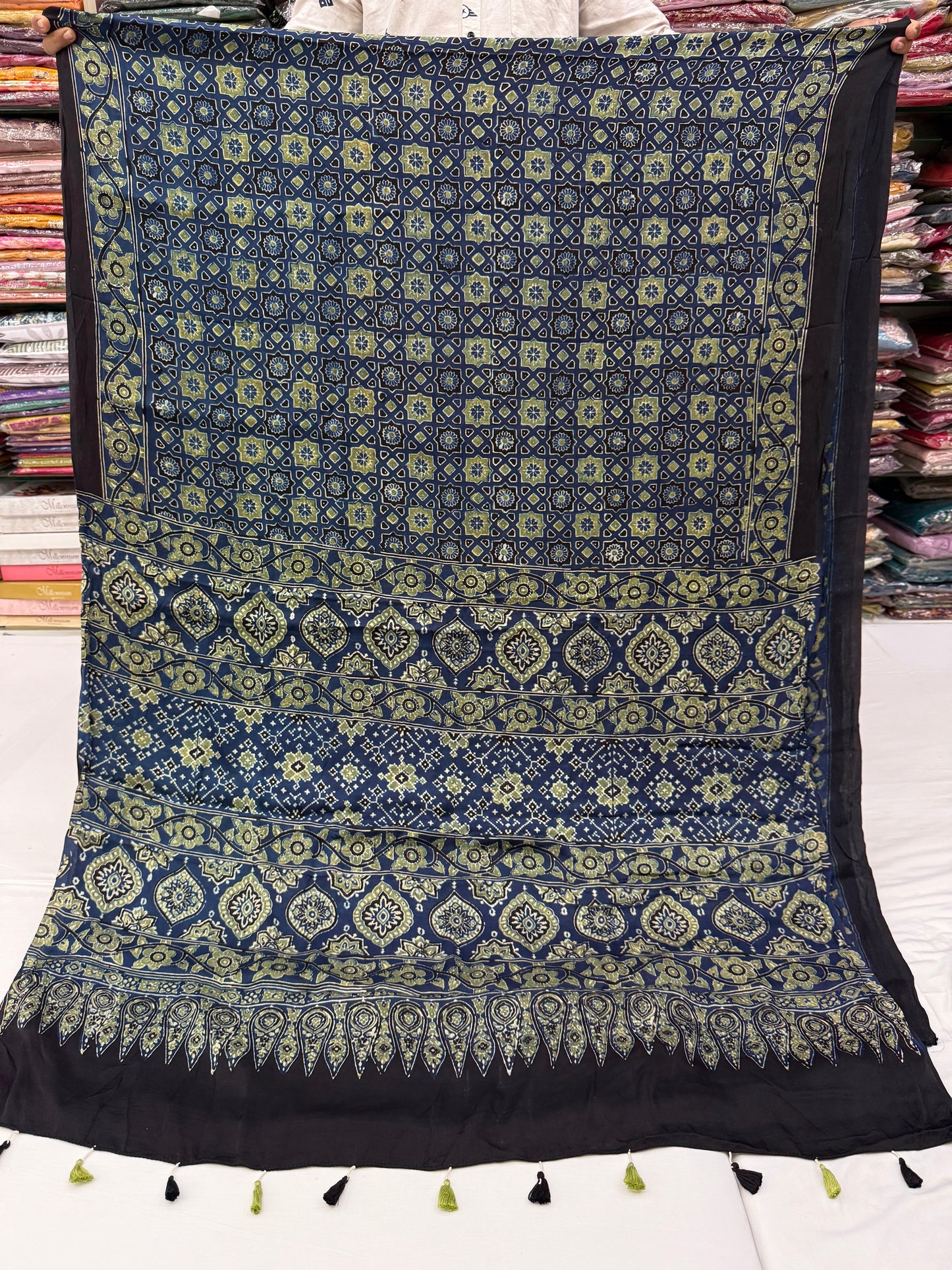 Peacock Chakri Ajrakh Modal Silk Saree
