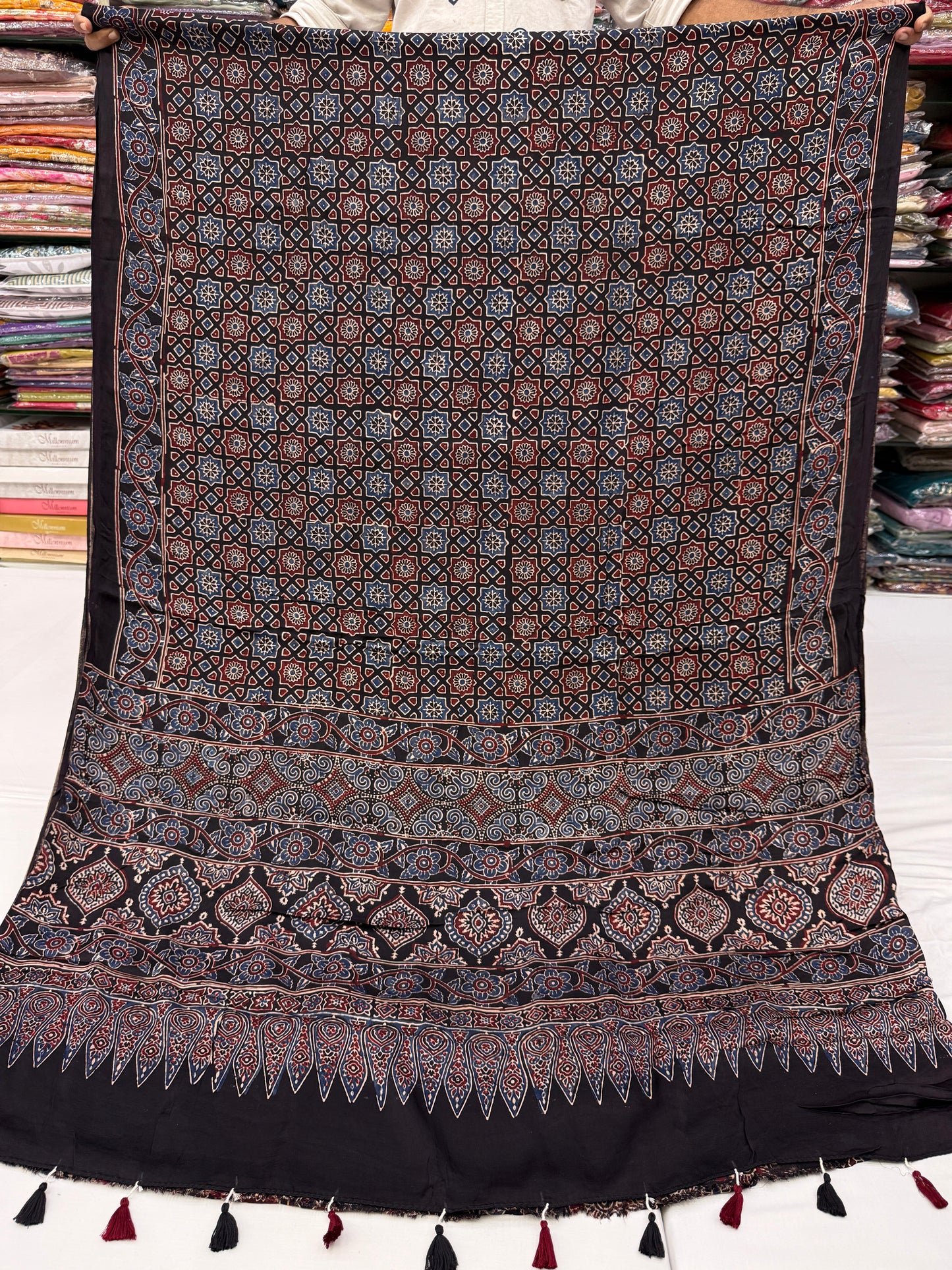 Black Chakri Ajrakh Print Modal Silk Saree