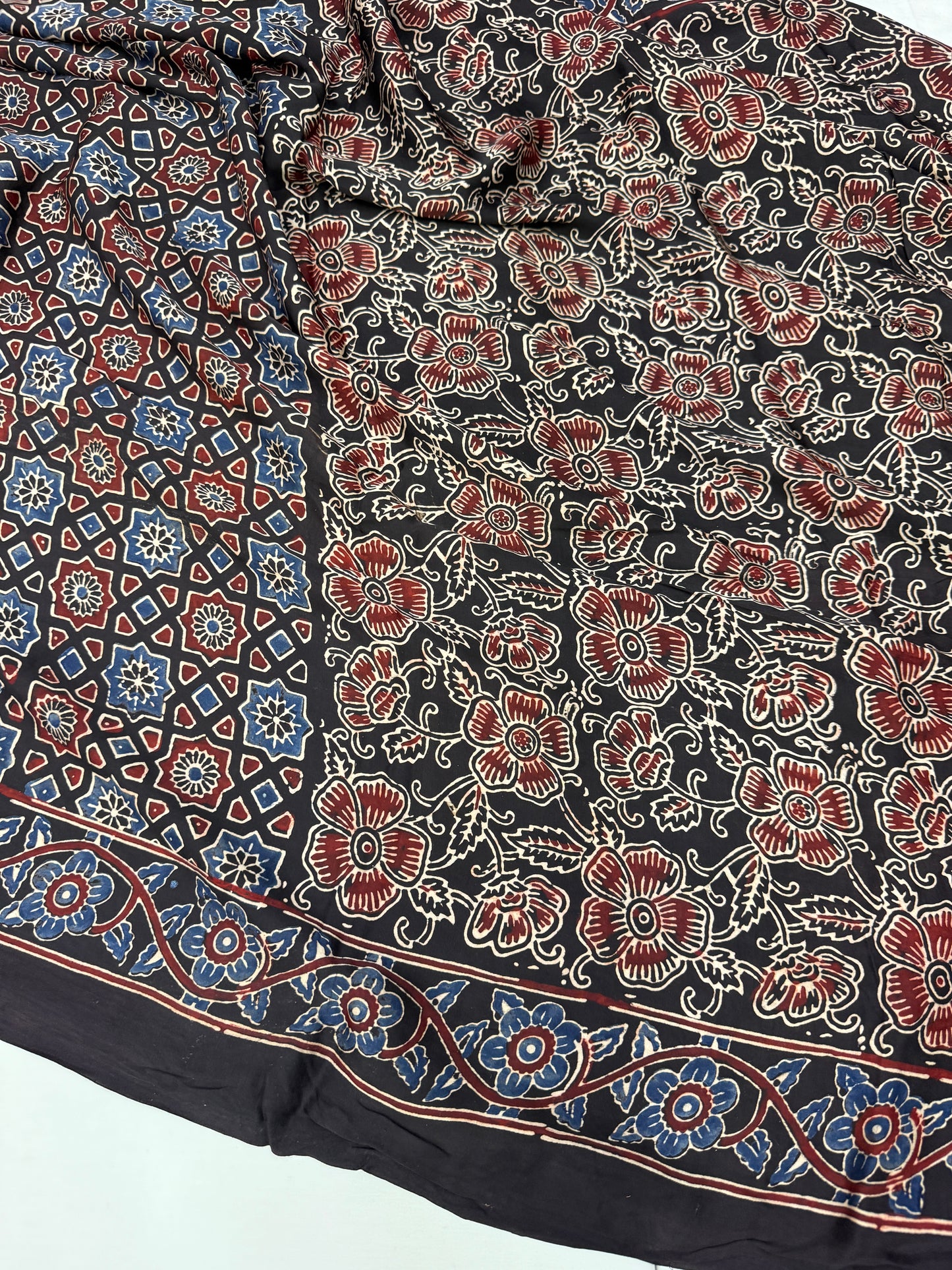 Black Chakri Ajrakh Print Modal Silk Saree