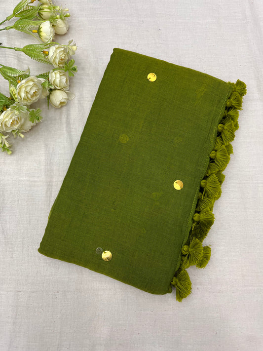 Olive Gold Sequins Mulmul Saree