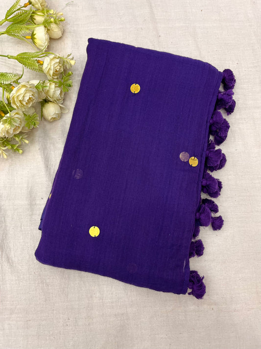Ink Purple Gold Sequins Mulmul Saree