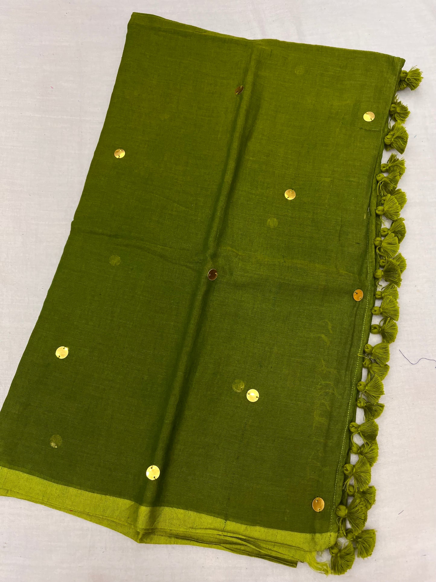 Olive Gold Sequins Mulmul Saree