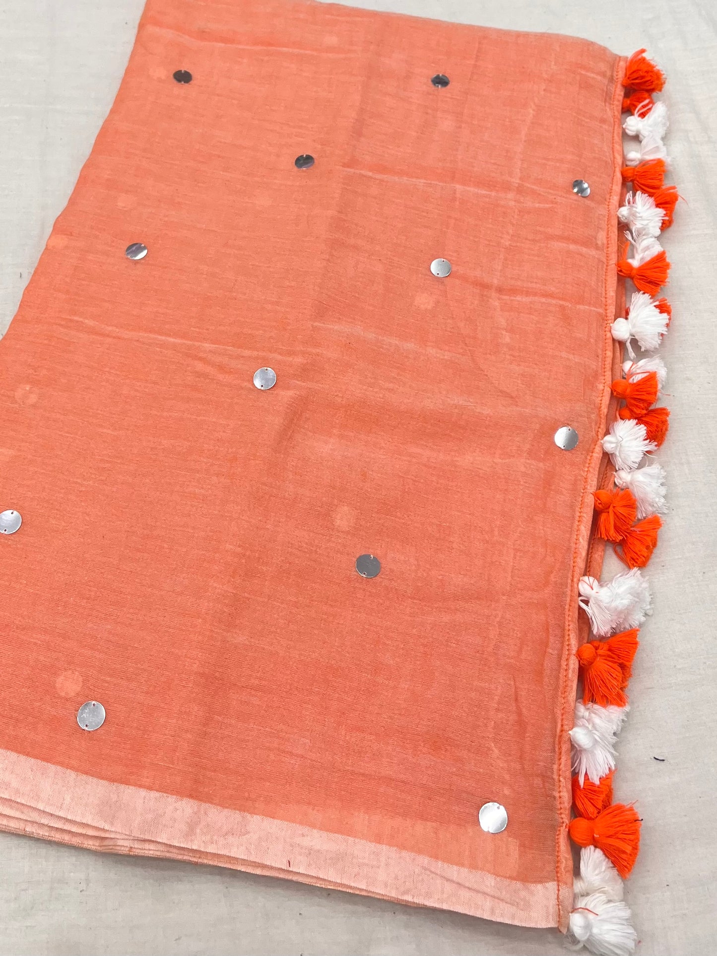 Orange White Silver Sequins Mulmul Saree