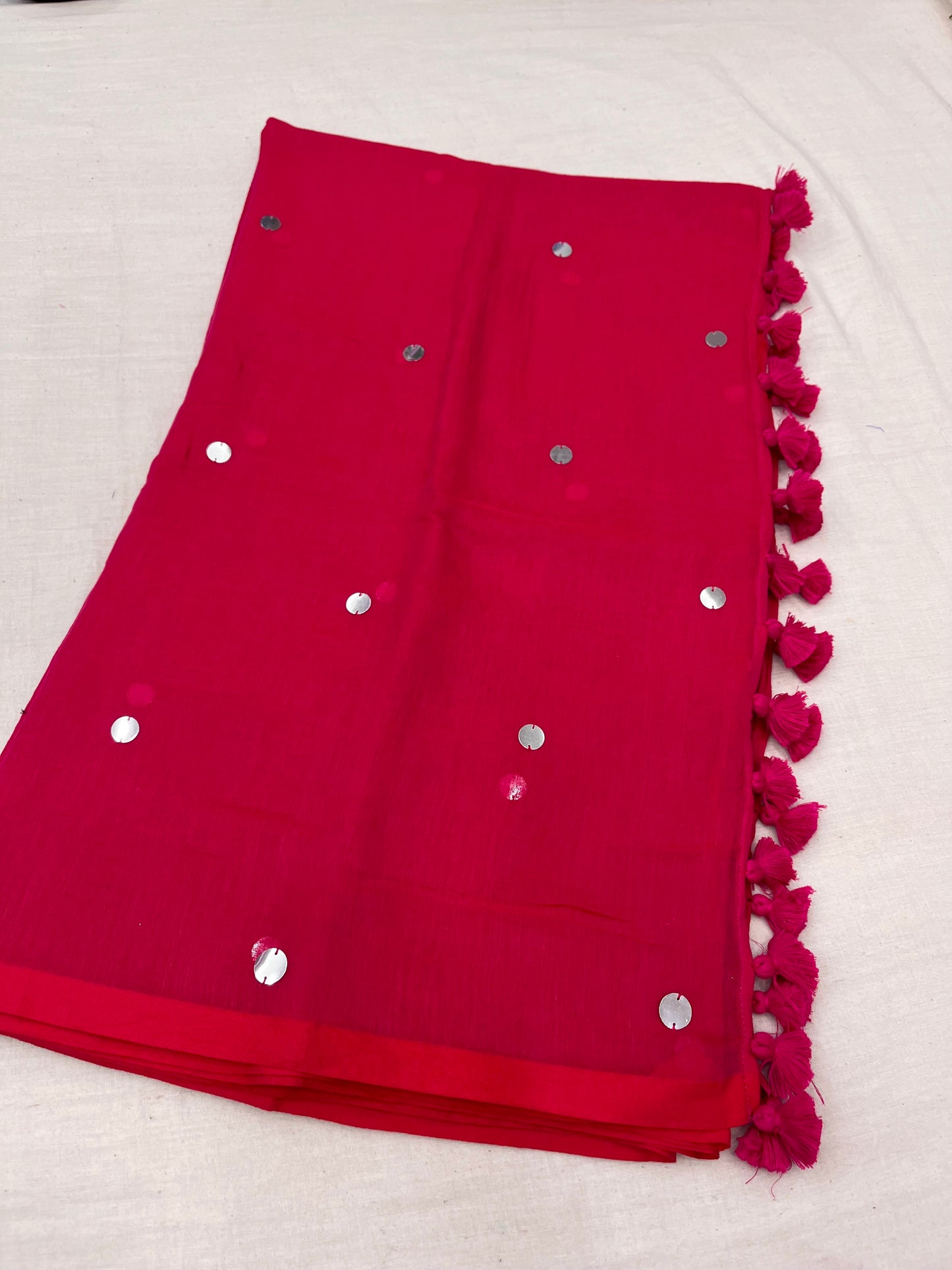 Hot Pink Silver Sequins Mulmul Saree