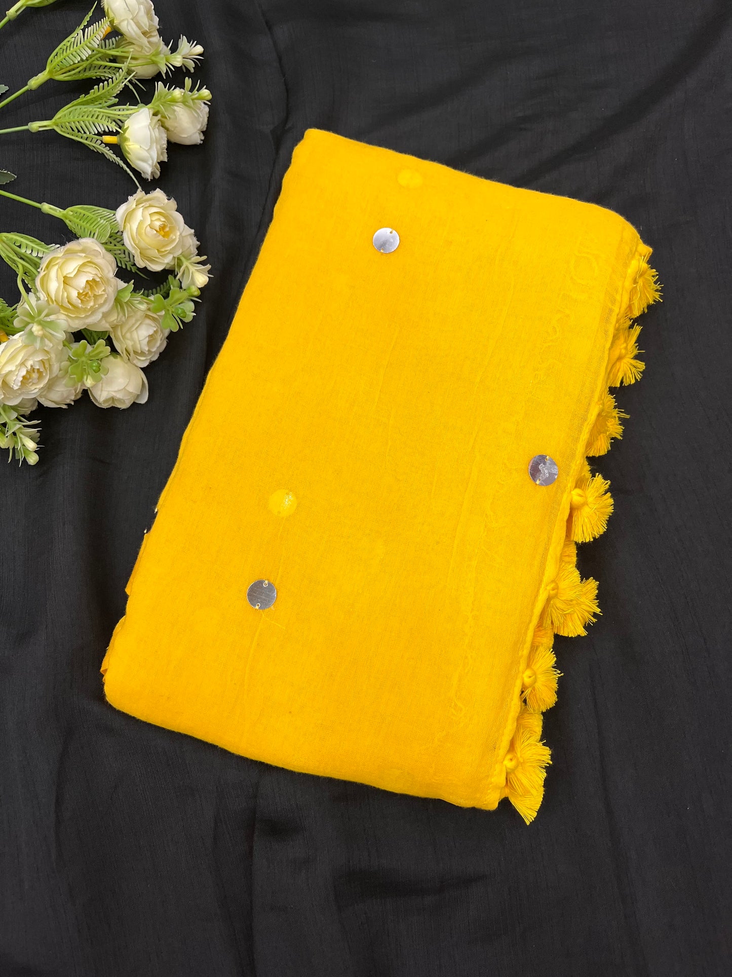 Yellow Silver Sequins Mulmul Saree