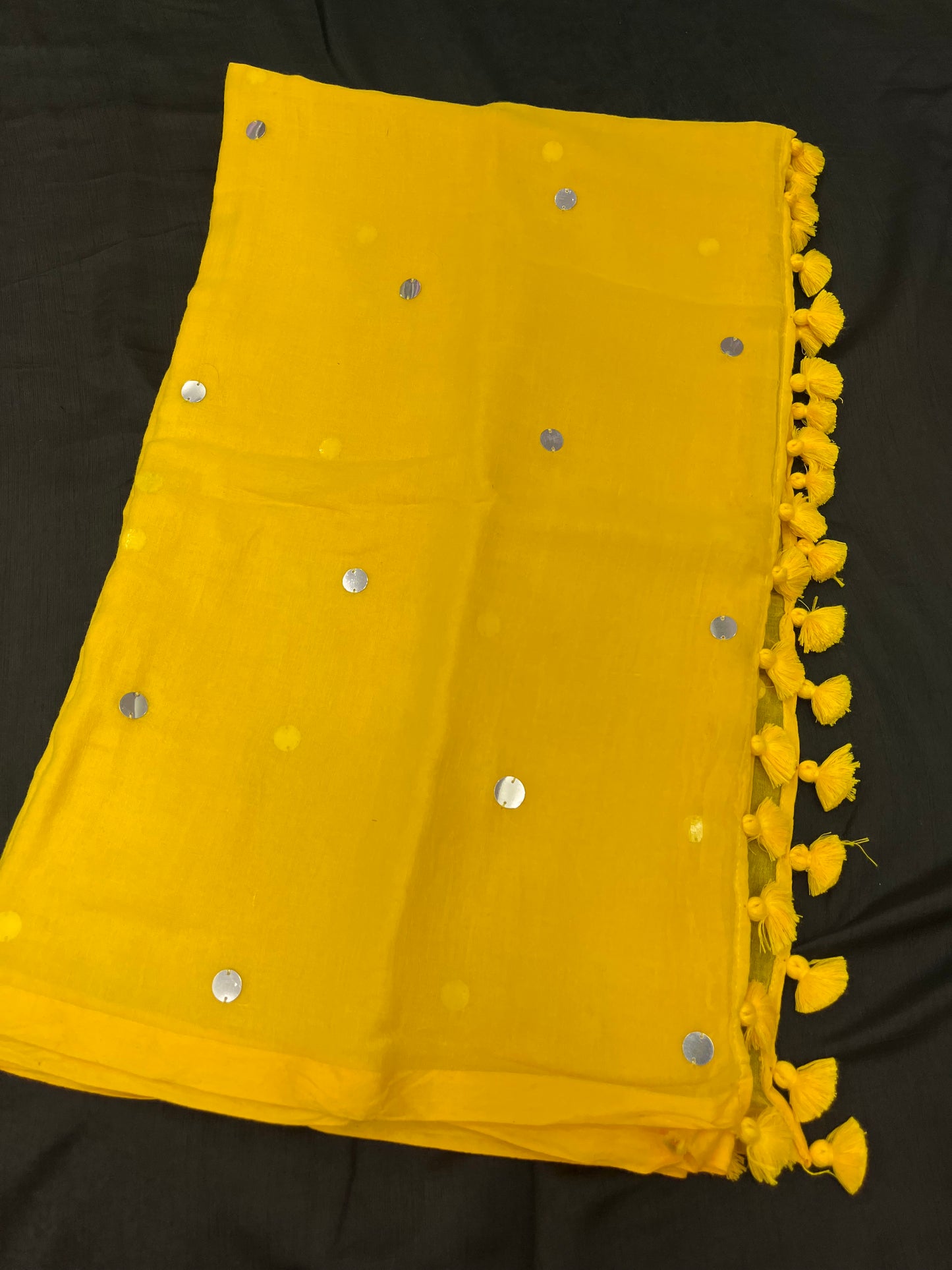 Yellow Silver Sequins Mulmul Saree