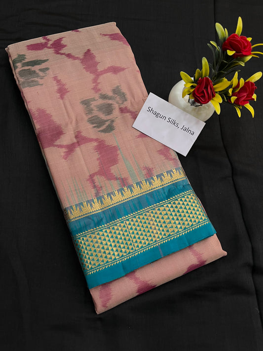 Peach Peacock Pochampally Ilkal Silk Saree