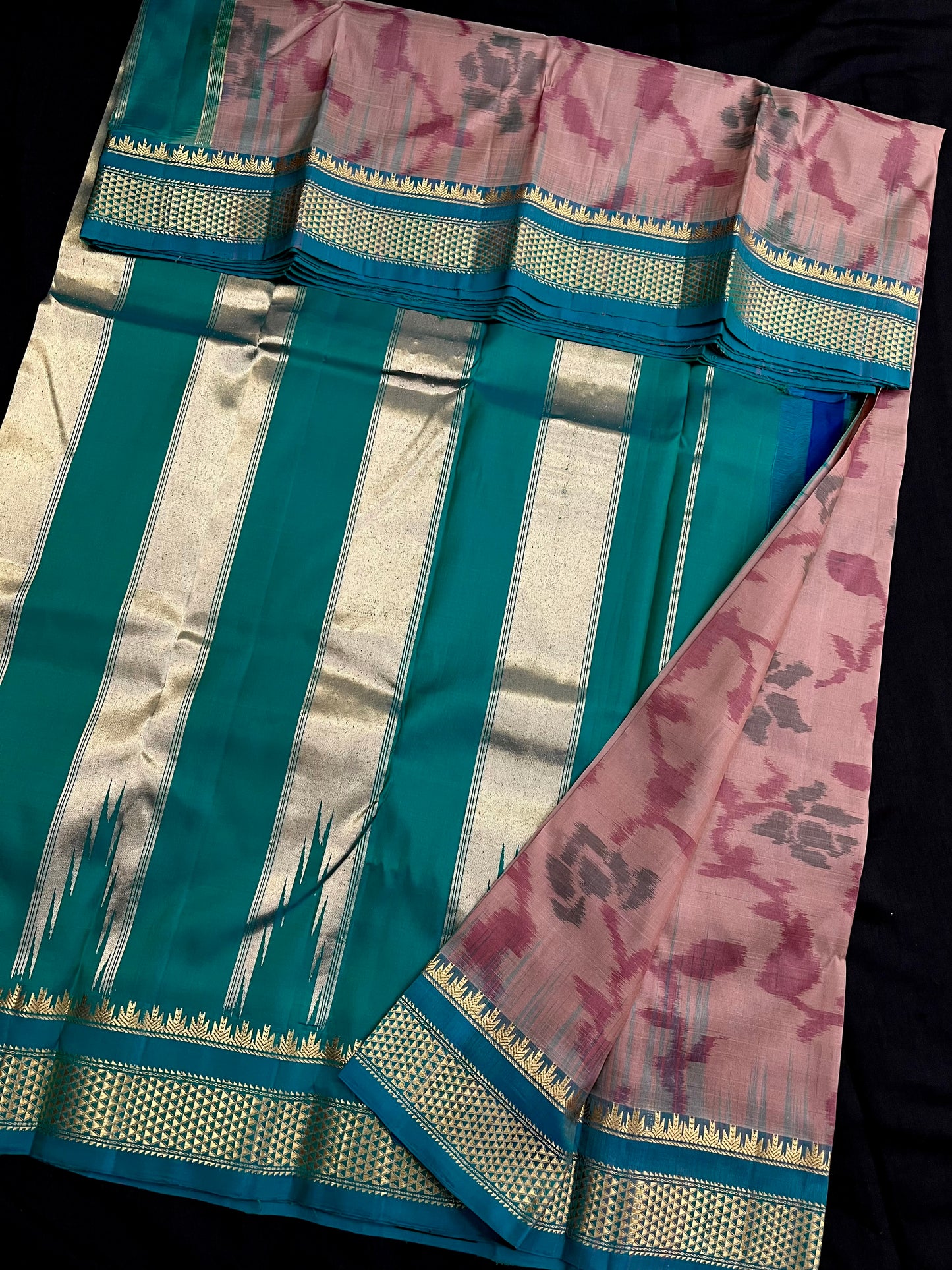 Peach Peacock Pochampally Ilkal Silk Saree