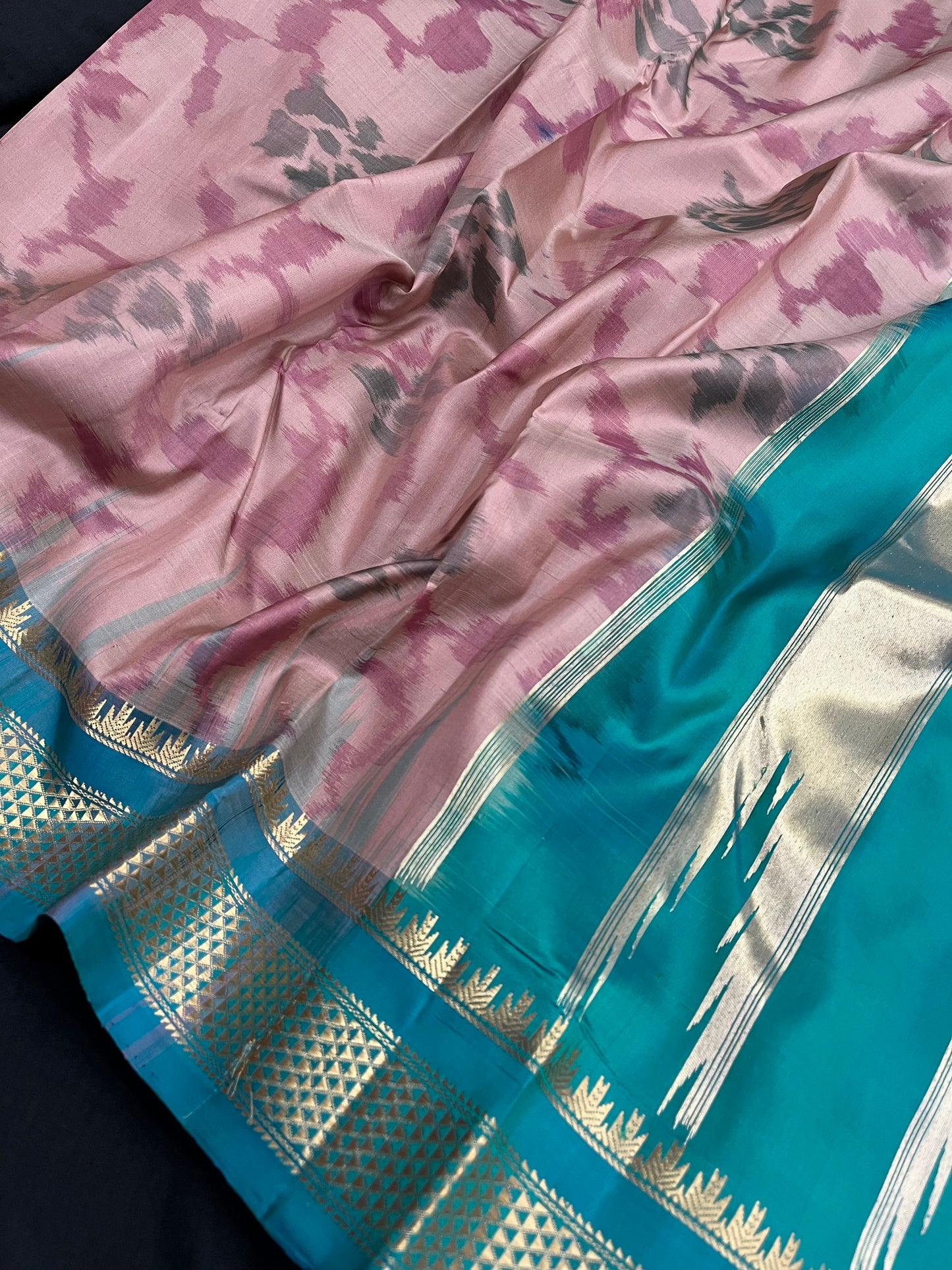 Peach Peacock Pochampally Ilkal Silk Saree