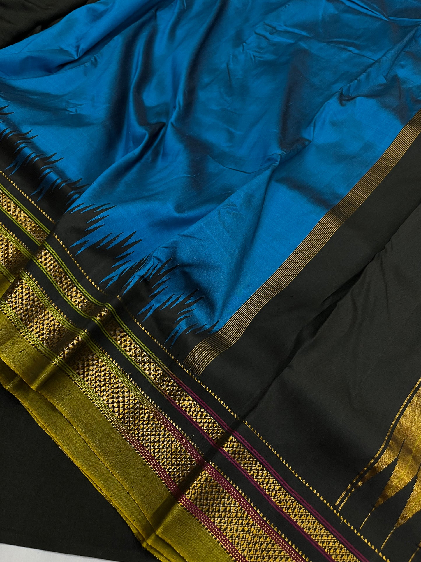 Teal Blue Olive Big Temple Ilkal Silk Saree