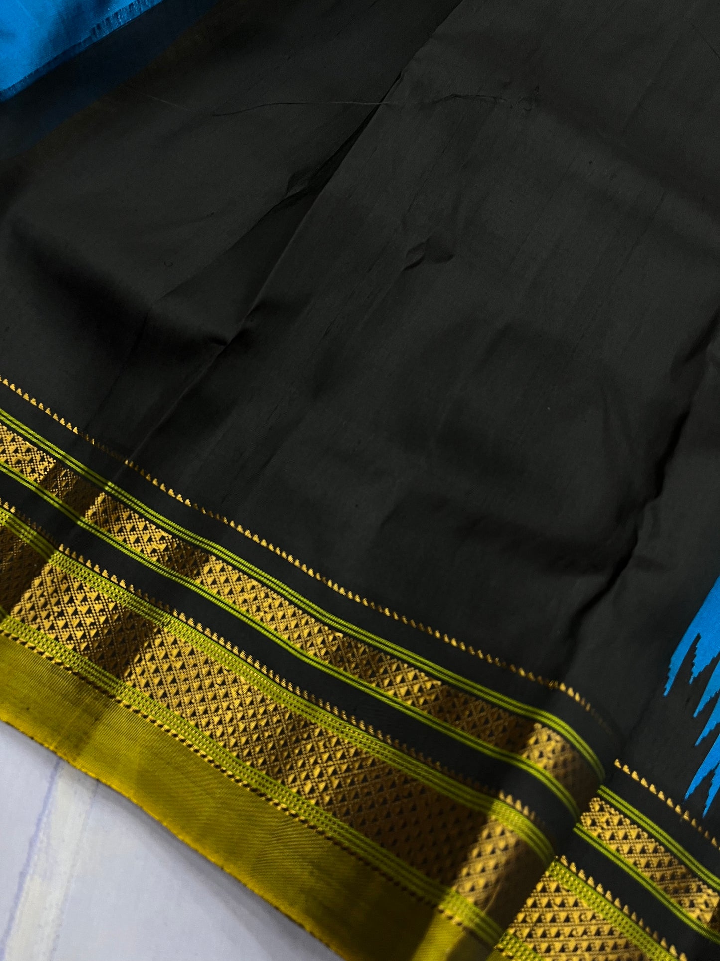 Teal Blue Olive Big Temple Ilkal Silk Saree