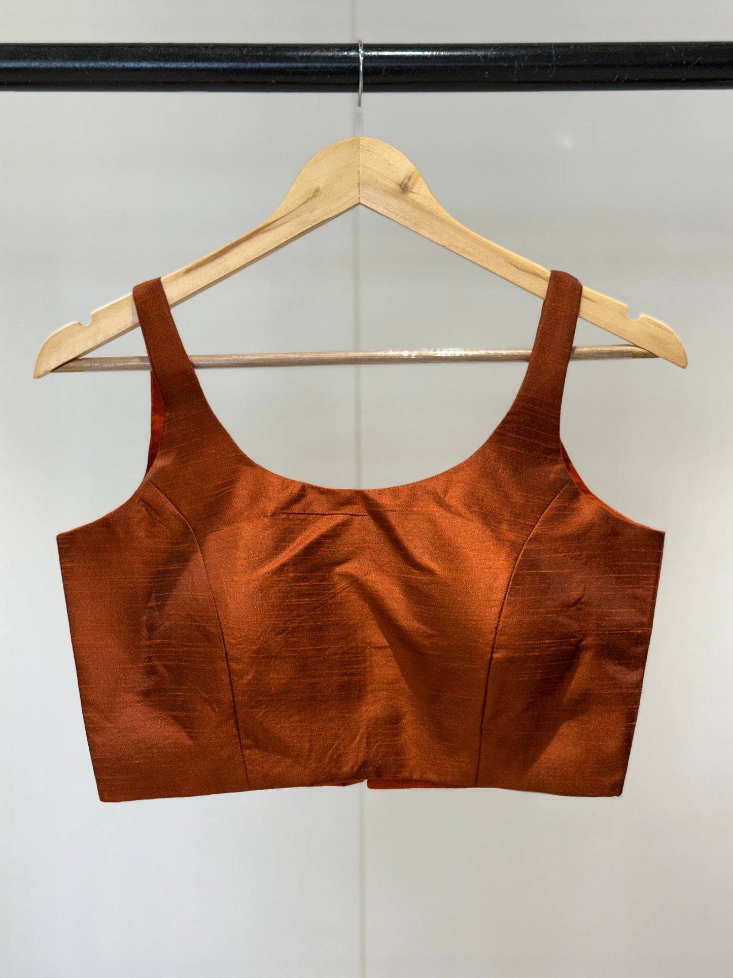 Burnt Orange Scoop Neck Raw Silk Blouse