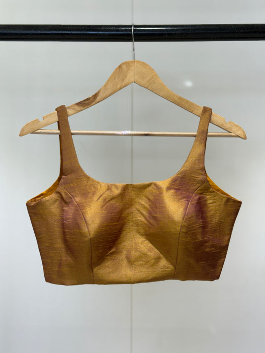 Gold Purple Scoop Neck Raw Silk Blouse