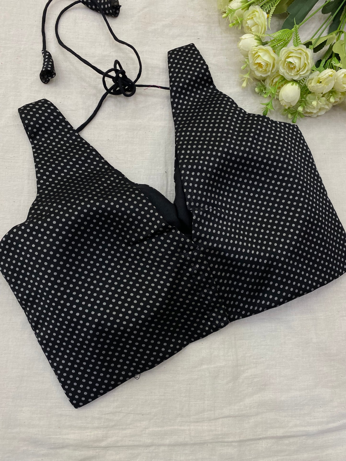 Black White Extra Dotted V Neck Blouse