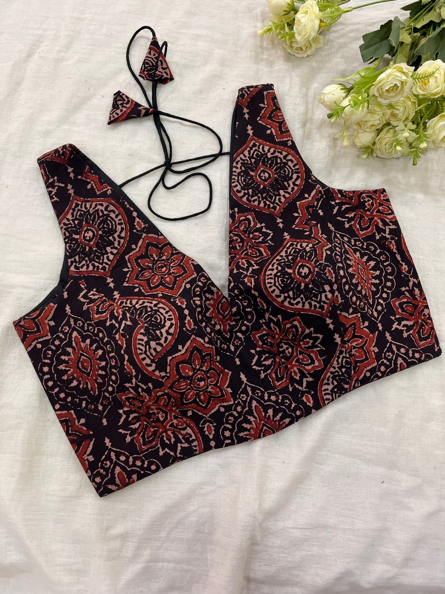 Coffee Black Ajrakh Cotton Sleeveless Blouse