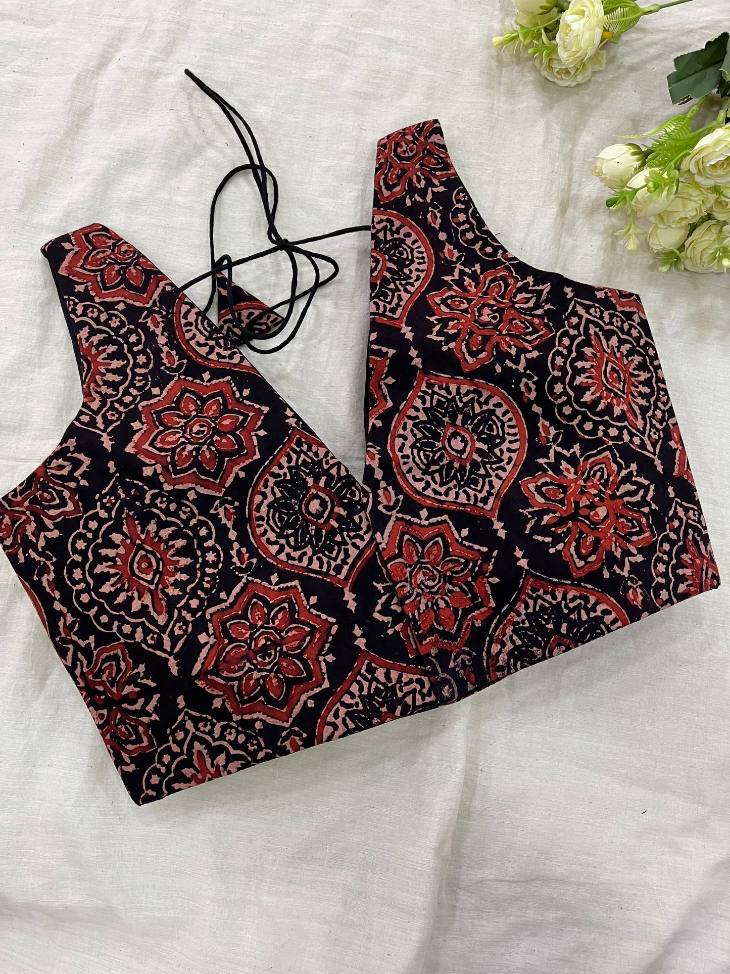 Coffee Black Ajrakh Cotton Sleeveless Blouse