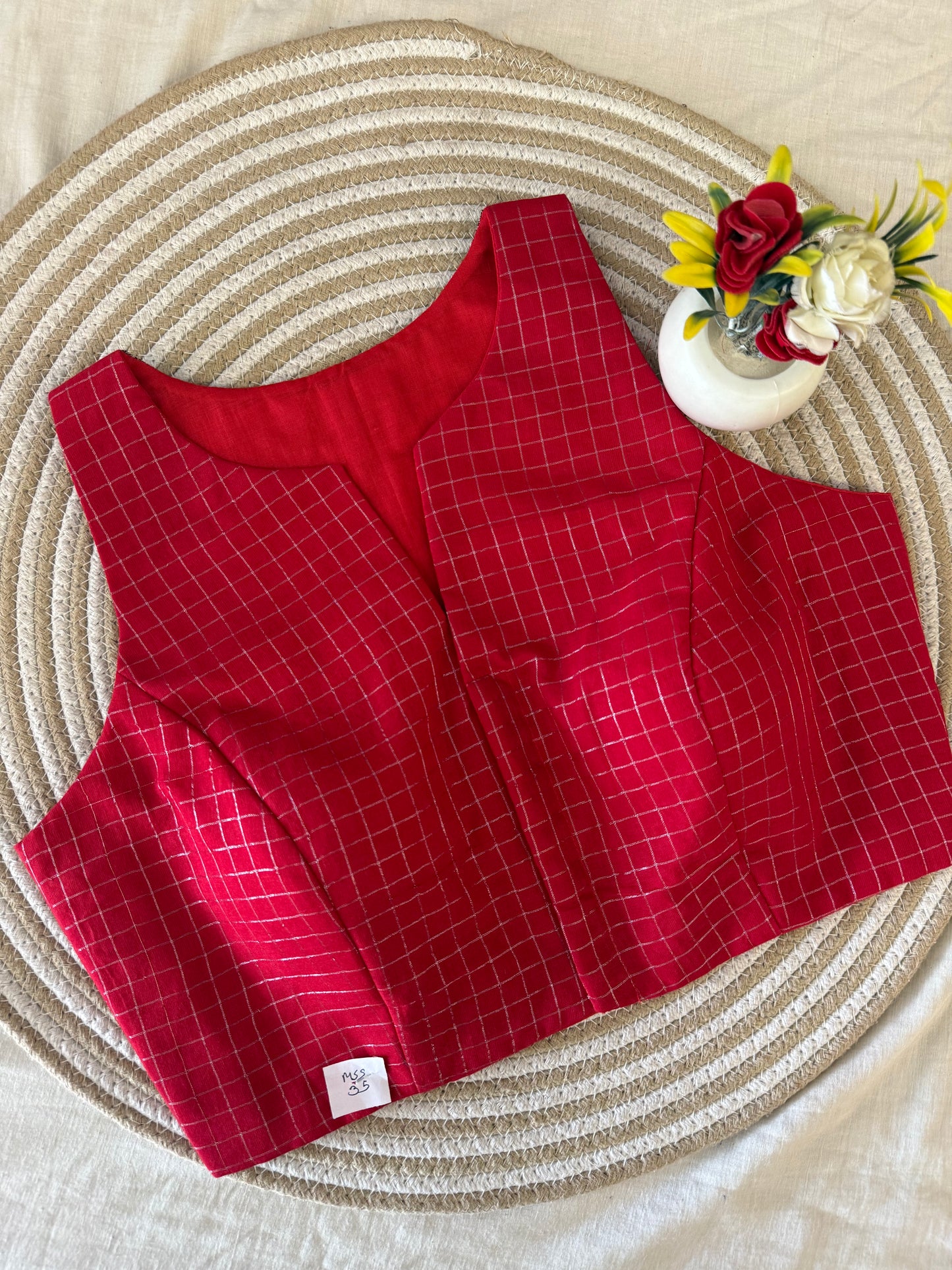 Red Black Sungudi Cotton Racer Back Blouse