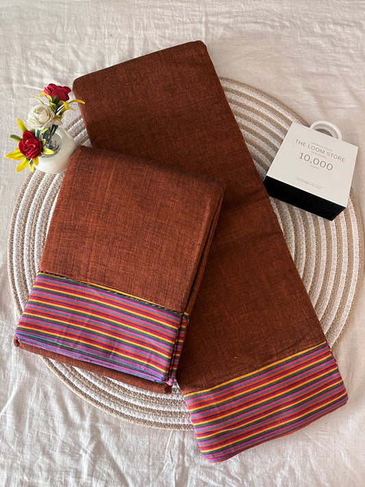 Rust Patteda Anchu Saree With Multicoloured Border