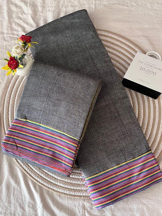 Grey Patteda Anchu Saree With Multicoloured Border