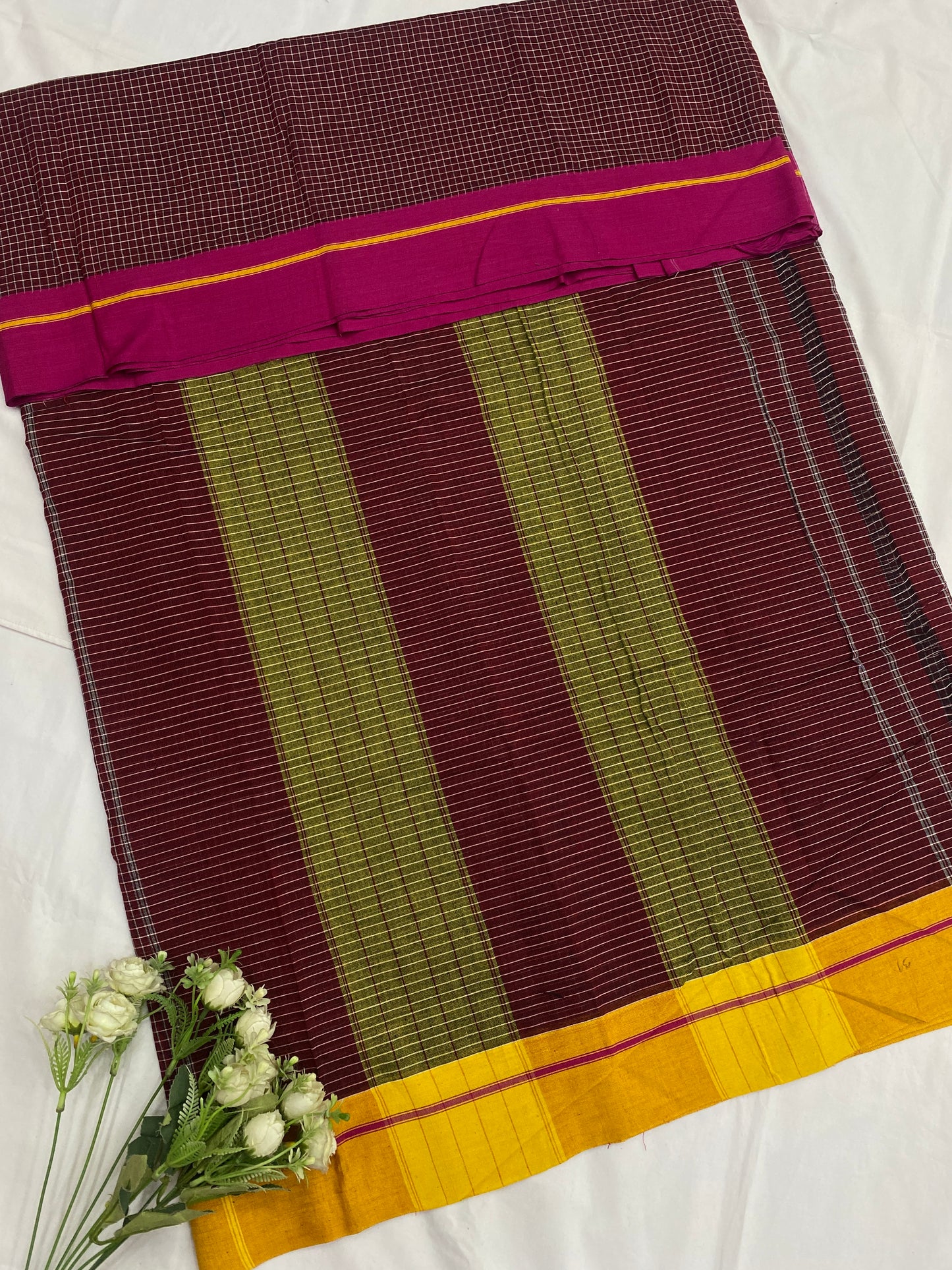 Maroon With Rani Yellow Border Patteda Anchu Saree