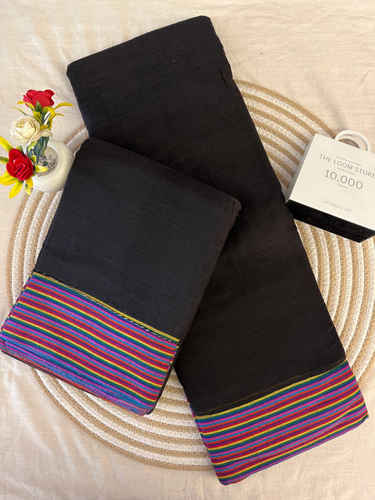 Black Patteda Anchu Saree With Multicoloured Border