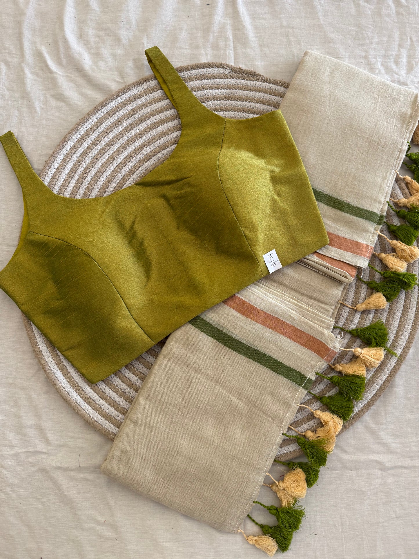 Creamy Olive Saree Blouse Combo Set