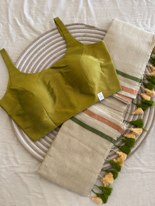 Creamy Olive Saree Blouse Combo Set