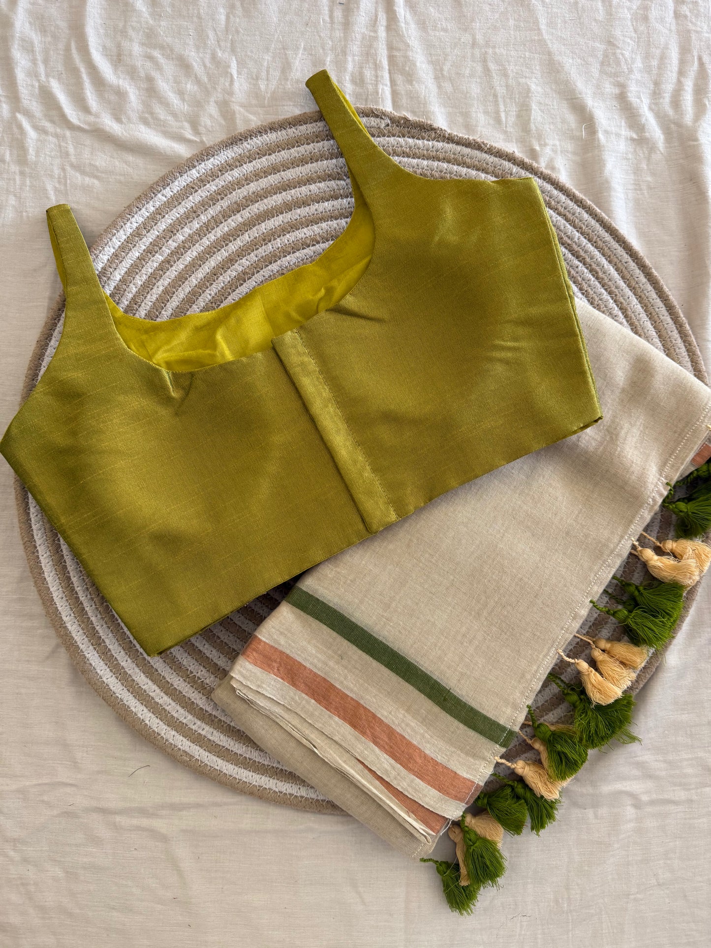 Creamy Olive Saree Blouse Combo Set