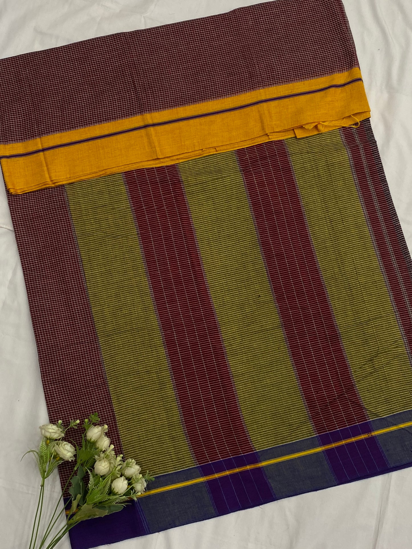 Rust With Yellow Blue Patteda Anchu Saree