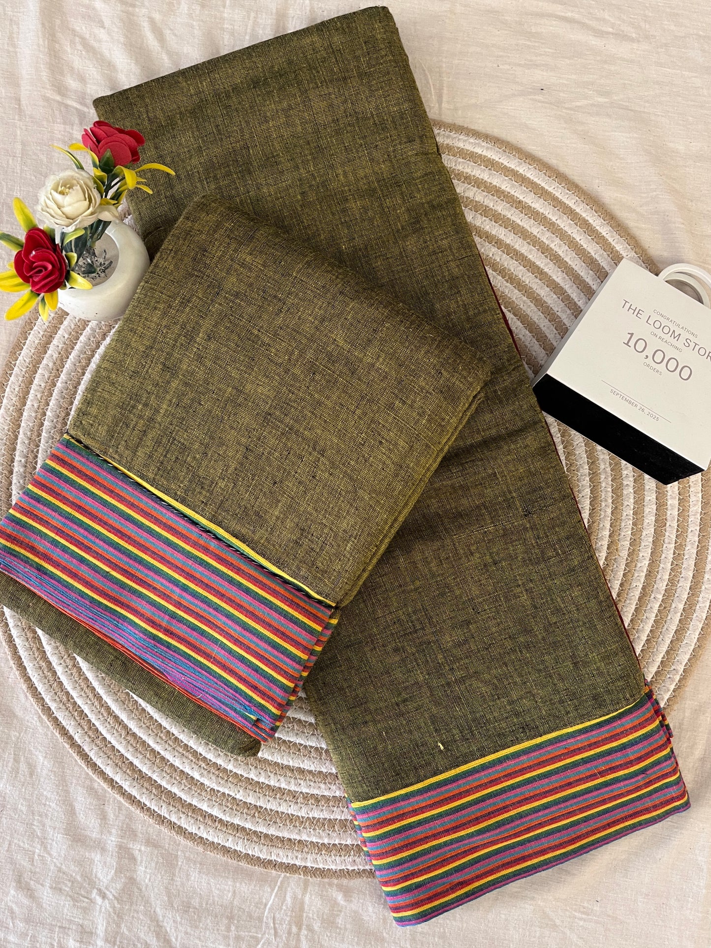 Olive Green Patteda Anchu Saree With Multicoloured Border
