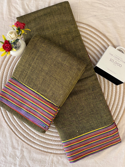 Olive Green Patteda Anchu Saree With Multicoloured Border