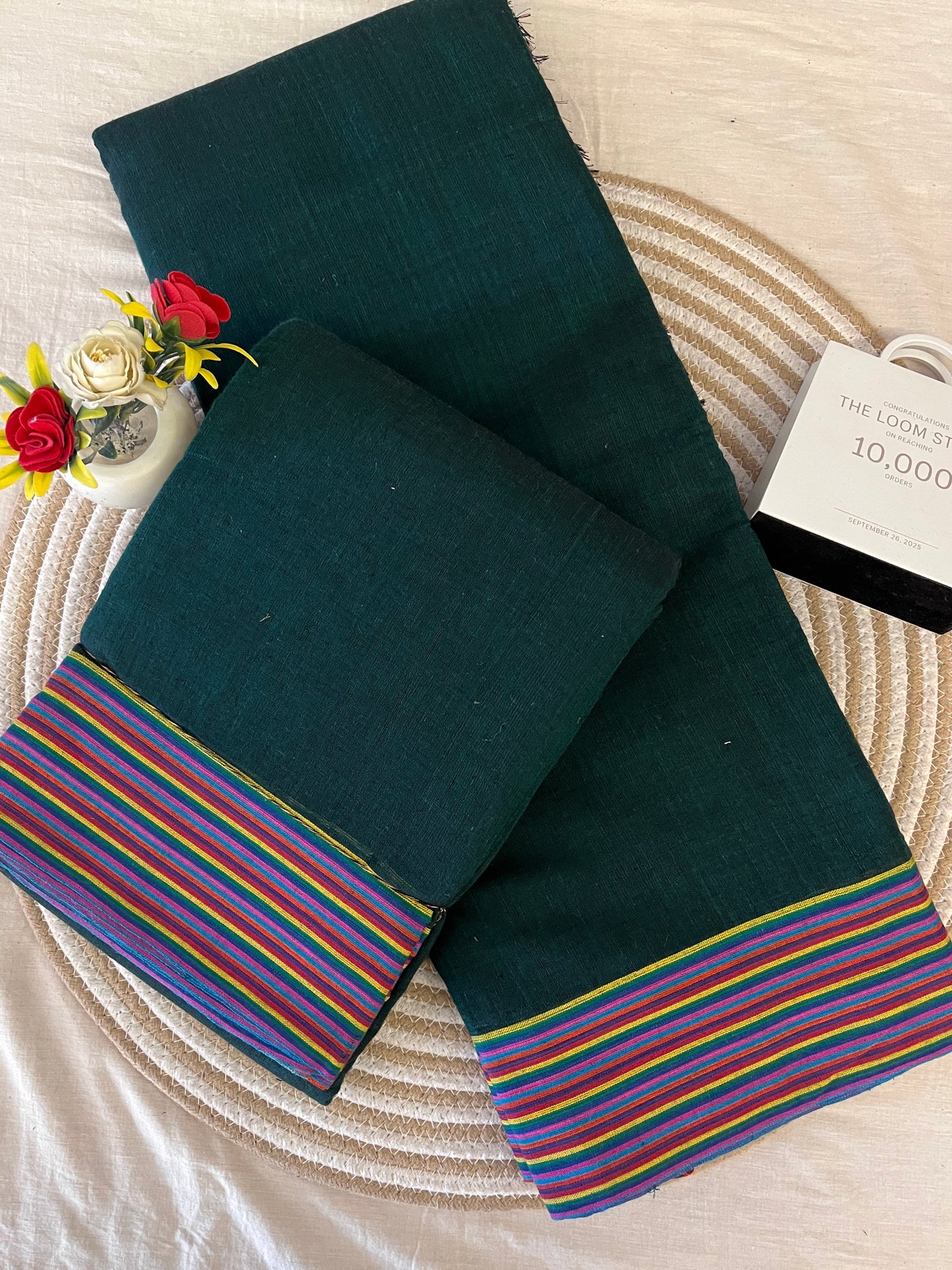 Dark Green Patteda Anchu Saree With Multicoloured Border
