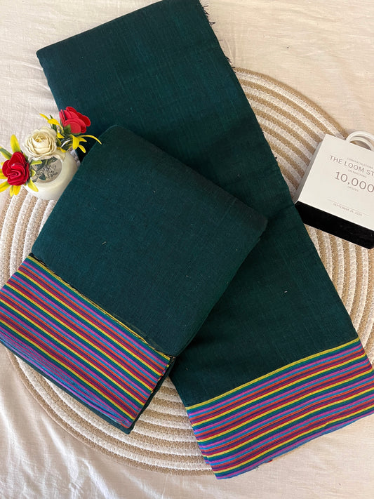 Dark Green Patteda Anchu Saree With Multicoloured Border