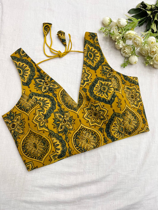 Yellow Green Ajrakh Cotton Sleeveless Blouse