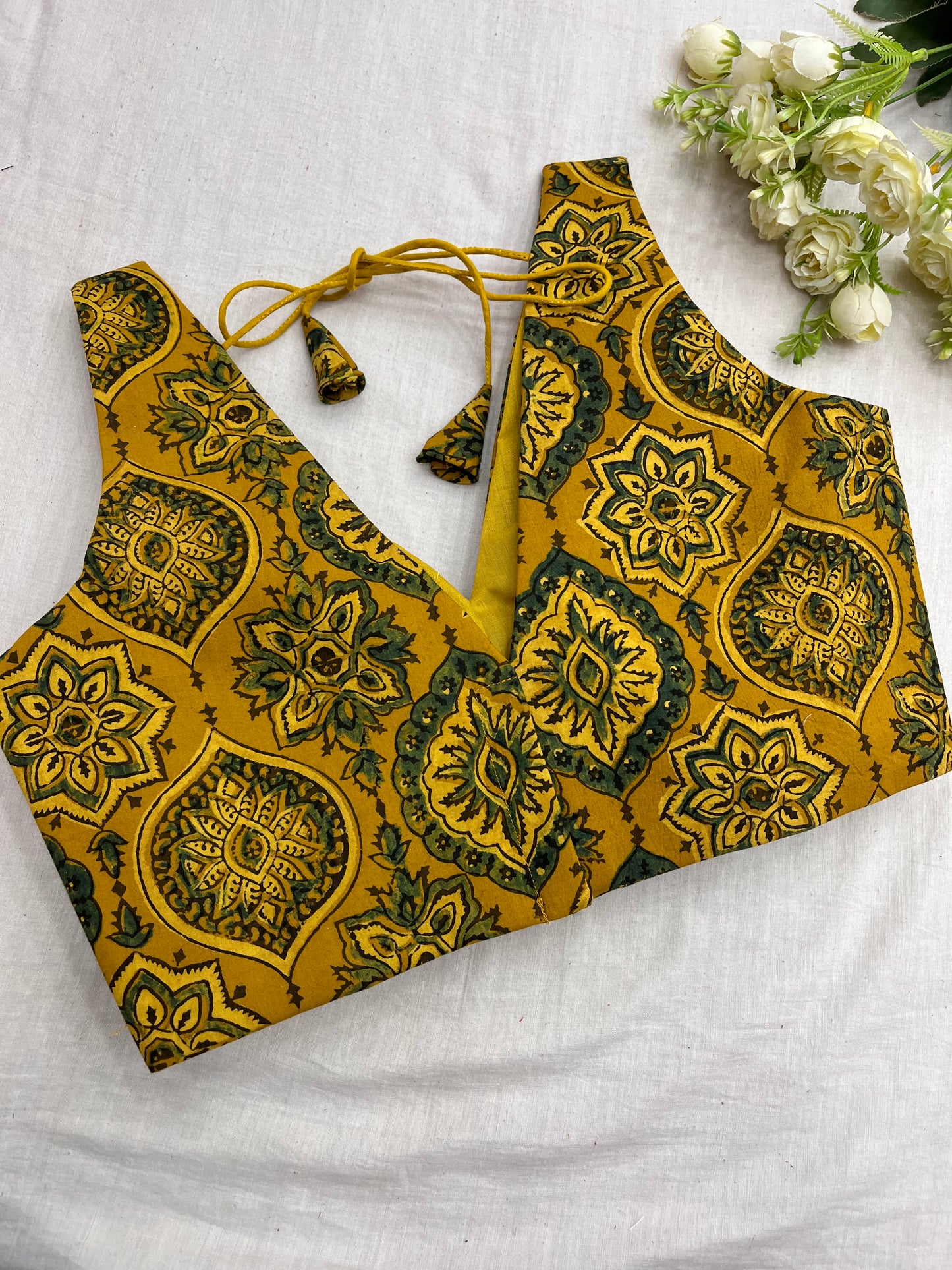 Yellow Green Ajrakh Cotton Sleeveless Blouse