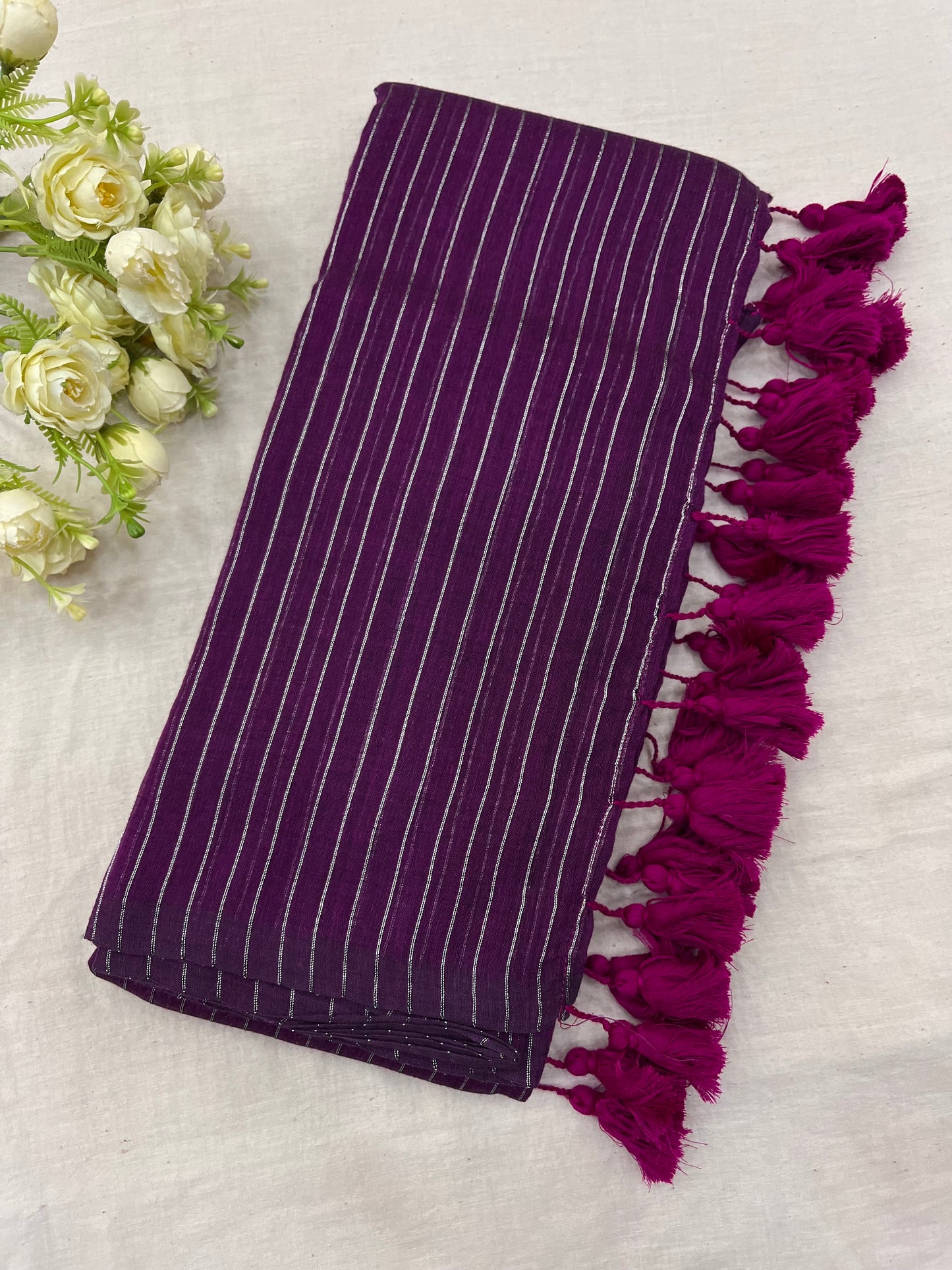 Magenta Zari Lines Mulmul Saree