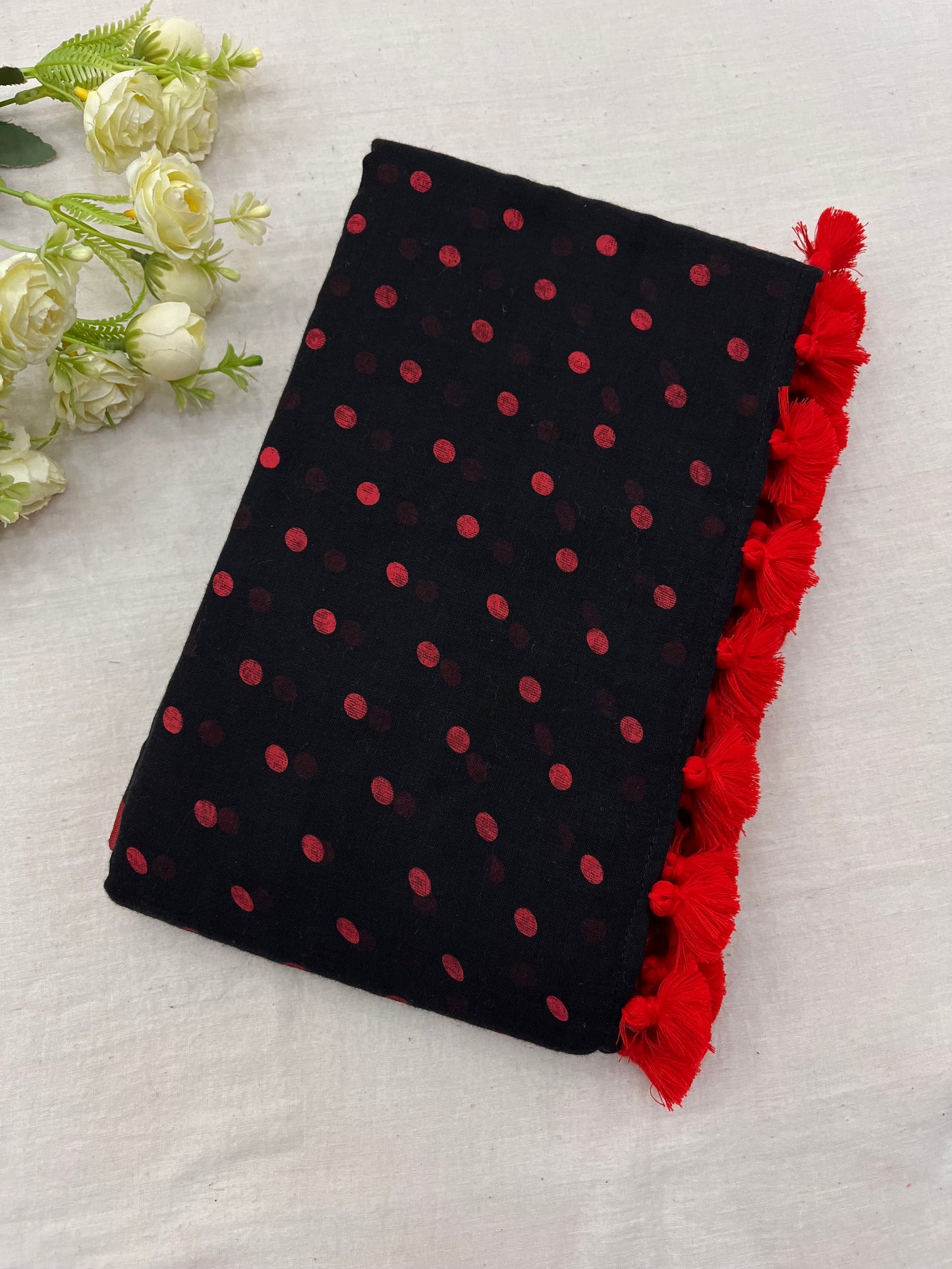 Black Red Dotted Mulmul Saree