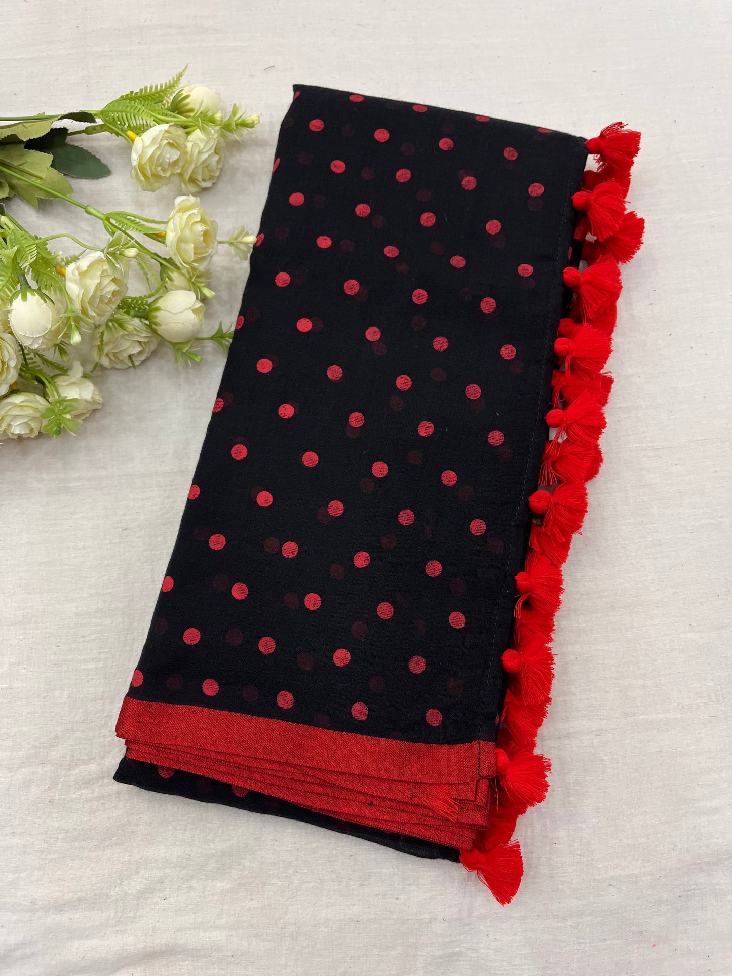 Black Red Dotted Mulmul Saree