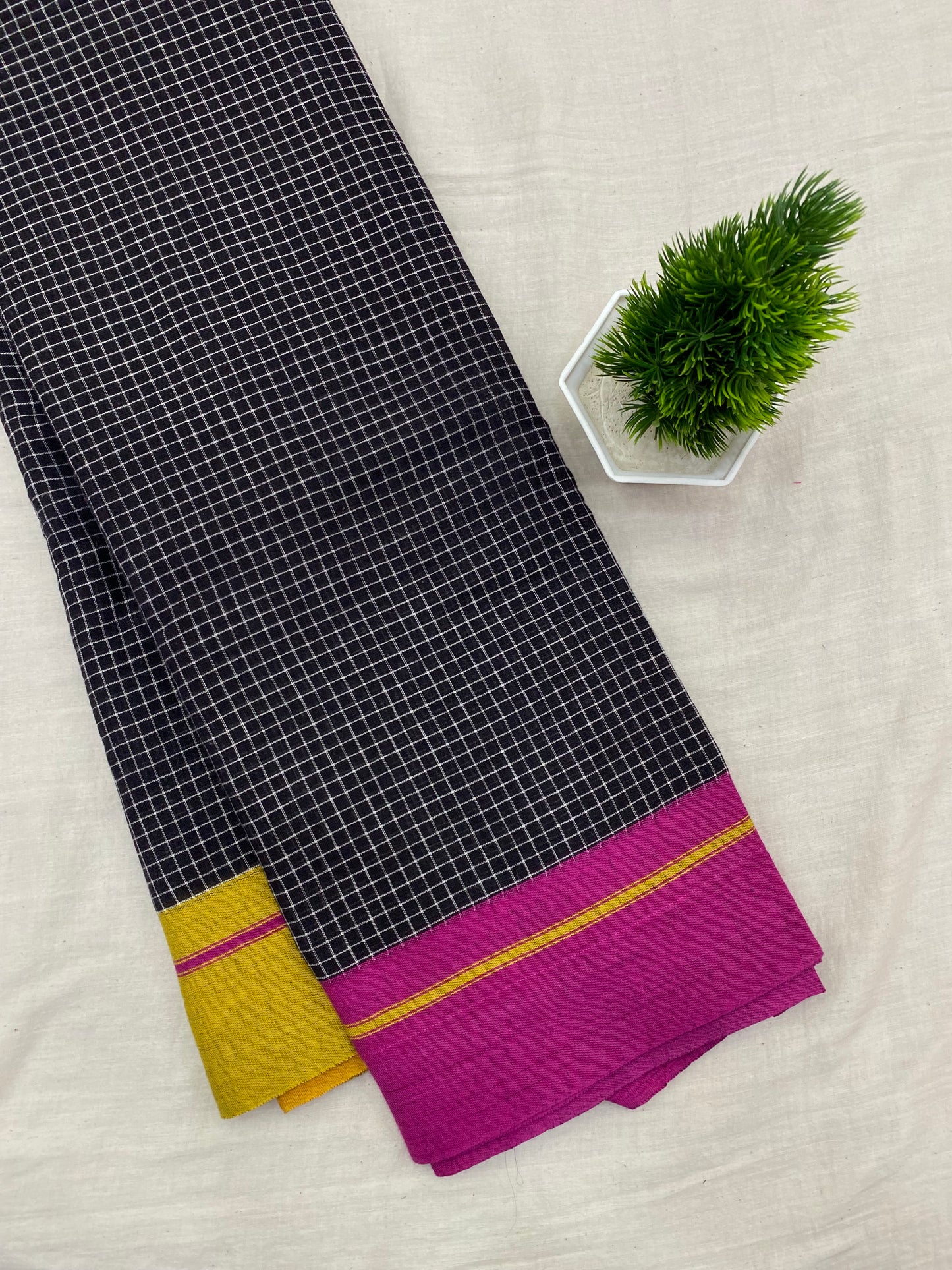 Yellow-Pink Border Black Patteda Anchu Saree