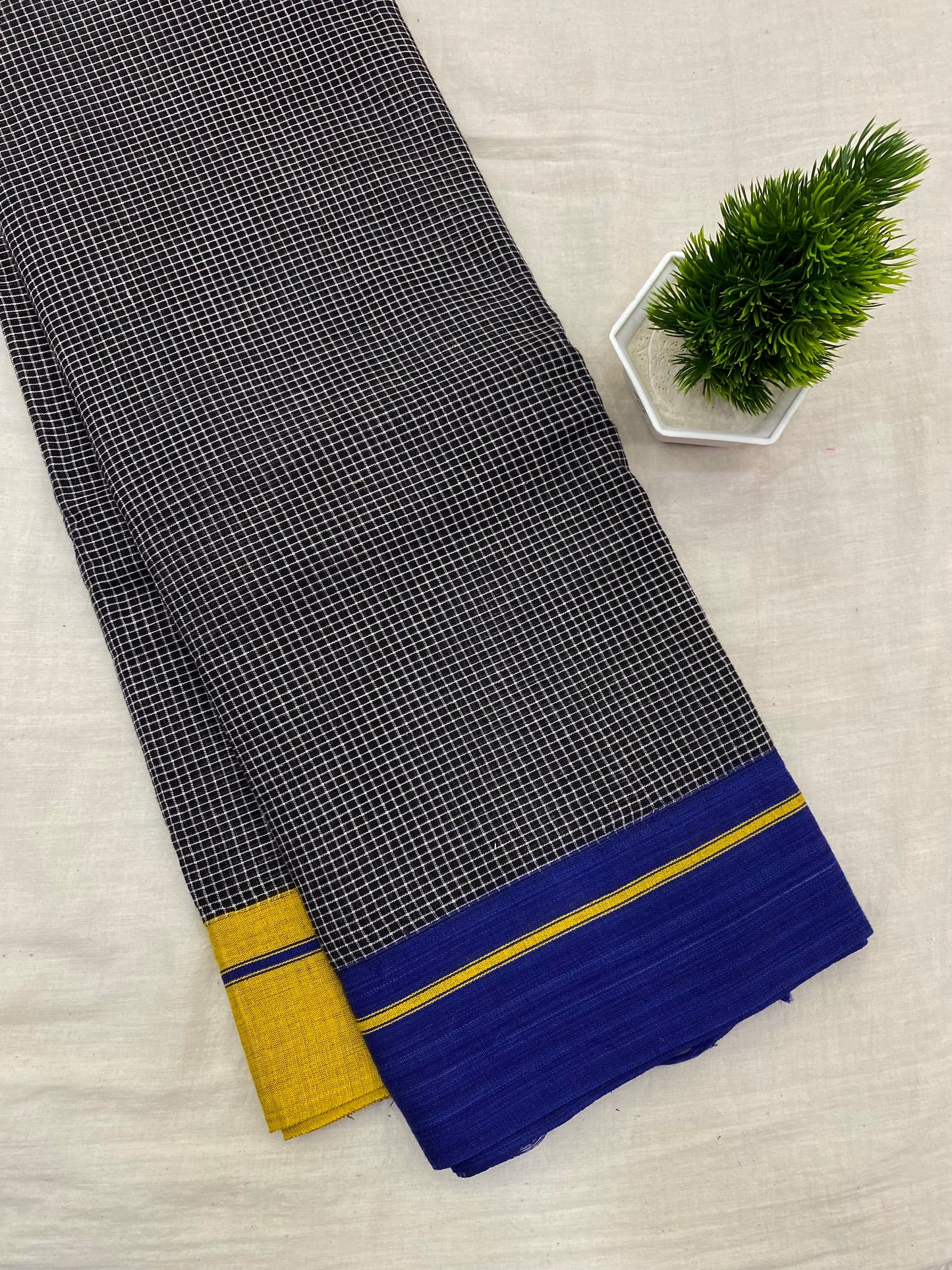 Yellow-Blue Border Black Patteda Anchu Saree